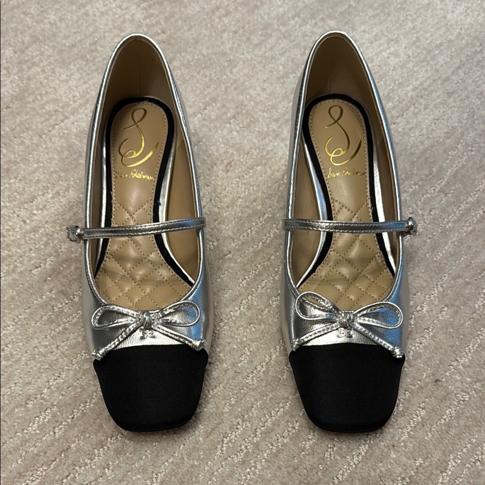 Sam Edelman Silver Mary Jane heels with Black Toe and Bow